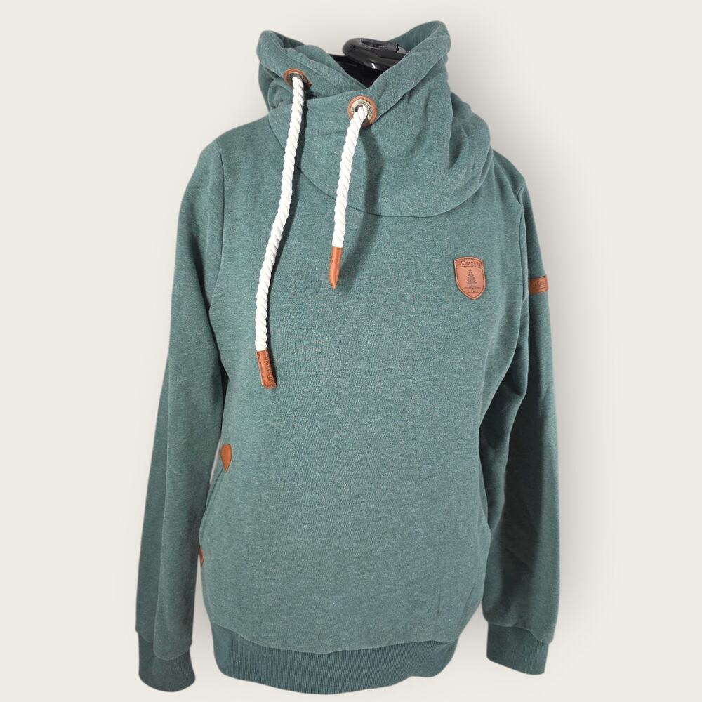 Wanakome Pullover Hoodie Green Cowl Neck Leather Patch Drawstring Women's Sz XL - Picture 2 of 10